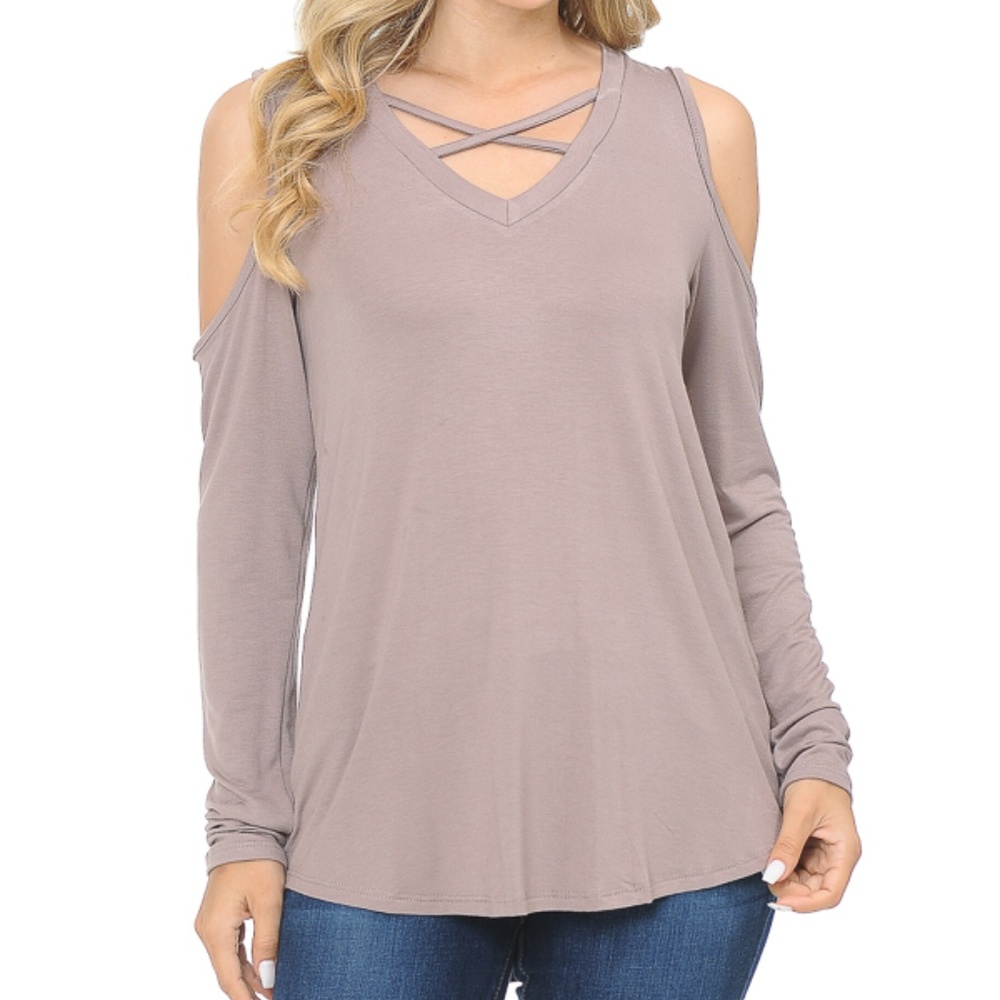 OPEN SHOULDER CHEST CROSS LONG SLEEVE TOP